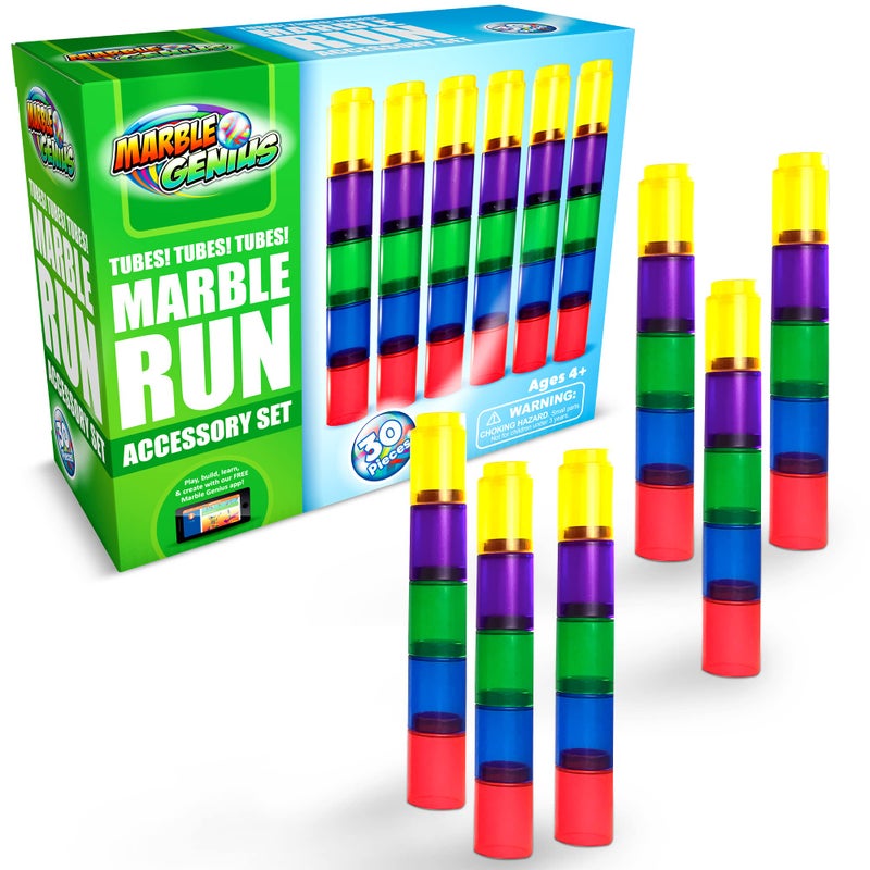 Marble Genius مجموعة ملحقات الرخام العبقرية المكونة من 30 قطعة من أنابيب ماربل جينيوس للأطفال من عمر 4 سنوات فما فوق، مجموعة إضافية للبناء التعليمي والتعلم للمراهقين، الجذعية - Image 1